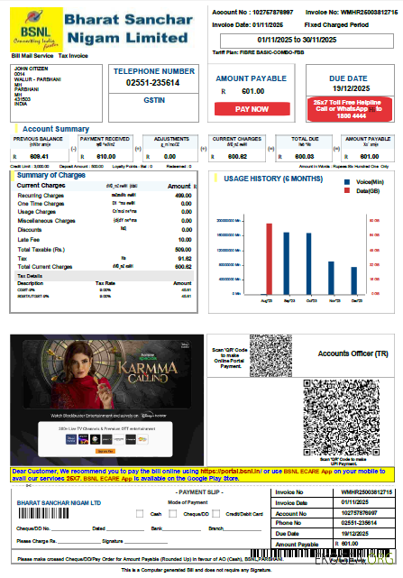 India Bharat Sanchar Nigam Limited utility bill template in Word and PDF formats, version 3